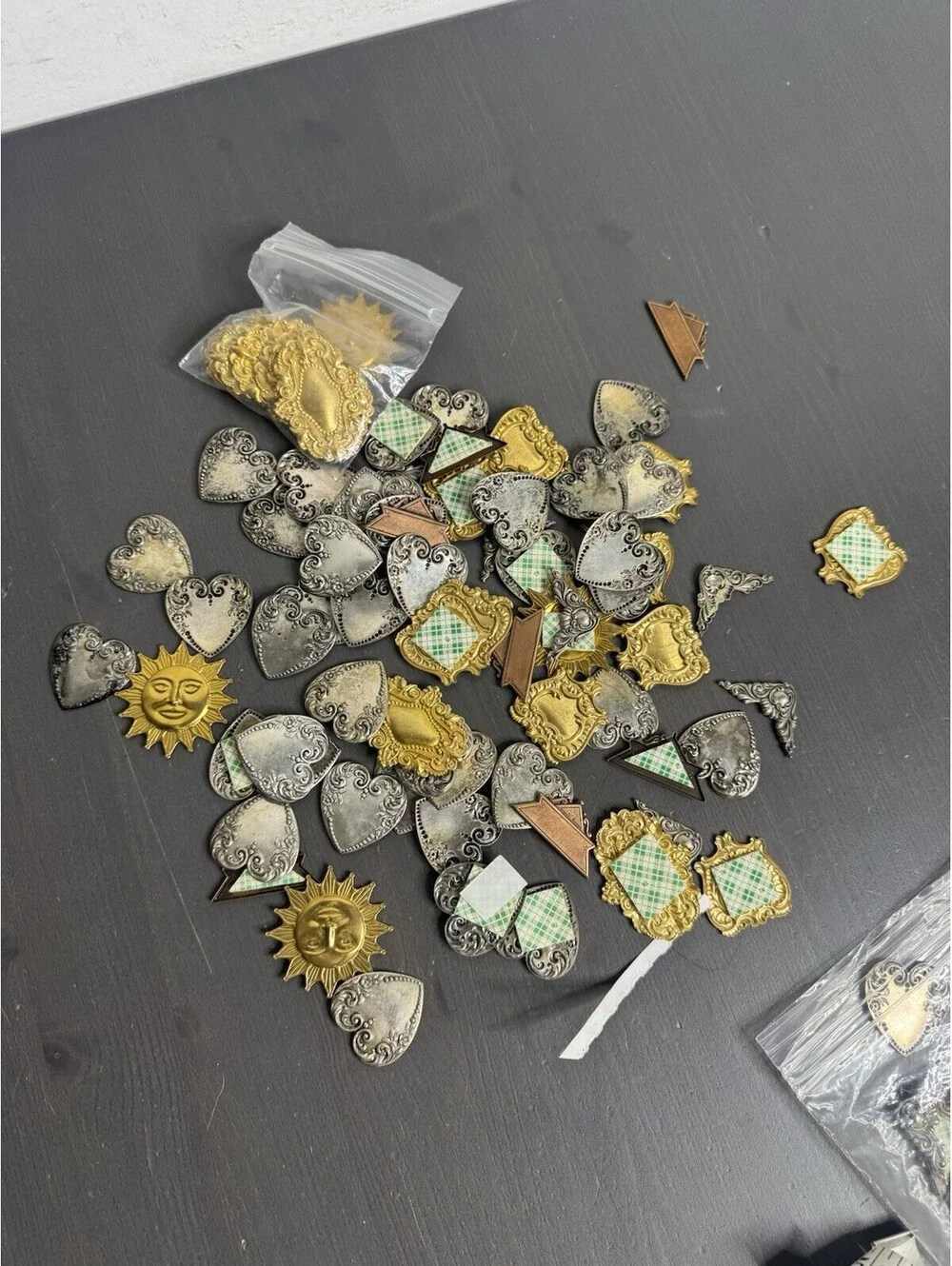 Metal Craft Embellishments Lot Gold Silver Tone Hearts Suns Ornate Appliqués